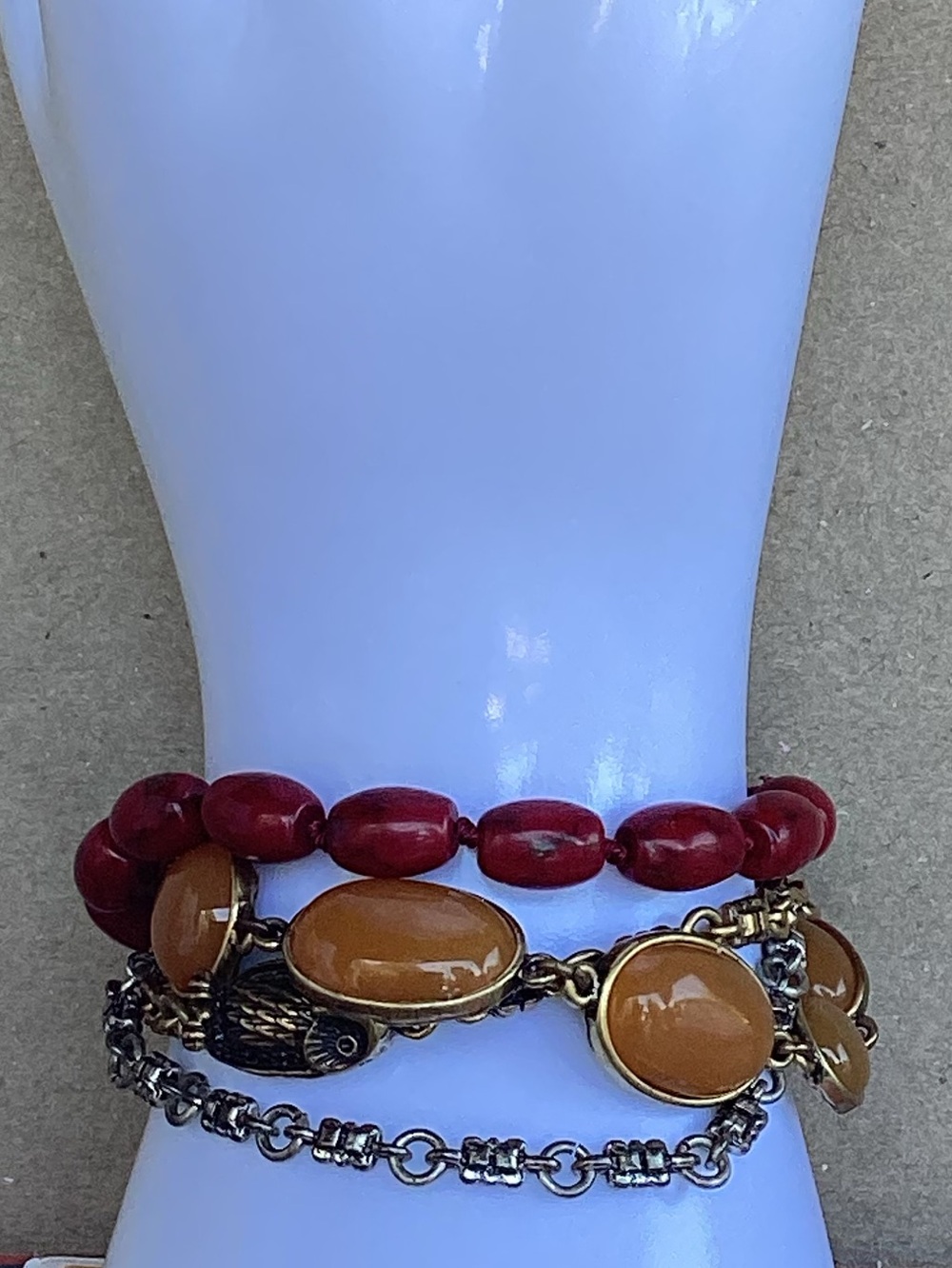 Lucky Brand Layered Red and Amber Beaded Bracelet